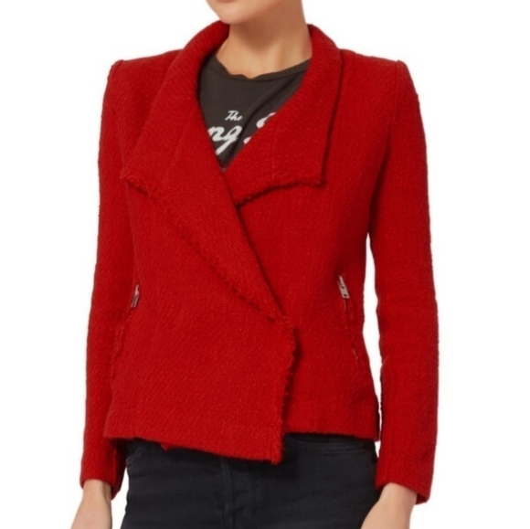 Iro Mira Cotton Texured Fringe Trimmed Moto Jacket Poppy Red Size EU 38 US Med. - Picture 1 of 13